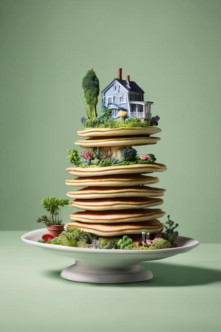 00161-4204768016-_lora_Surreal Plate_1_Surreal Plate - a plate with a miniature garden growing atop a stack of pancakes.png